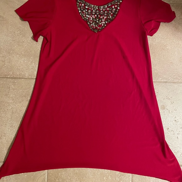 SHANON FORD RED SILVER EMBELLISHED TUNIC SHIRT M HOLIDAY RED - Picture 1 of 2
